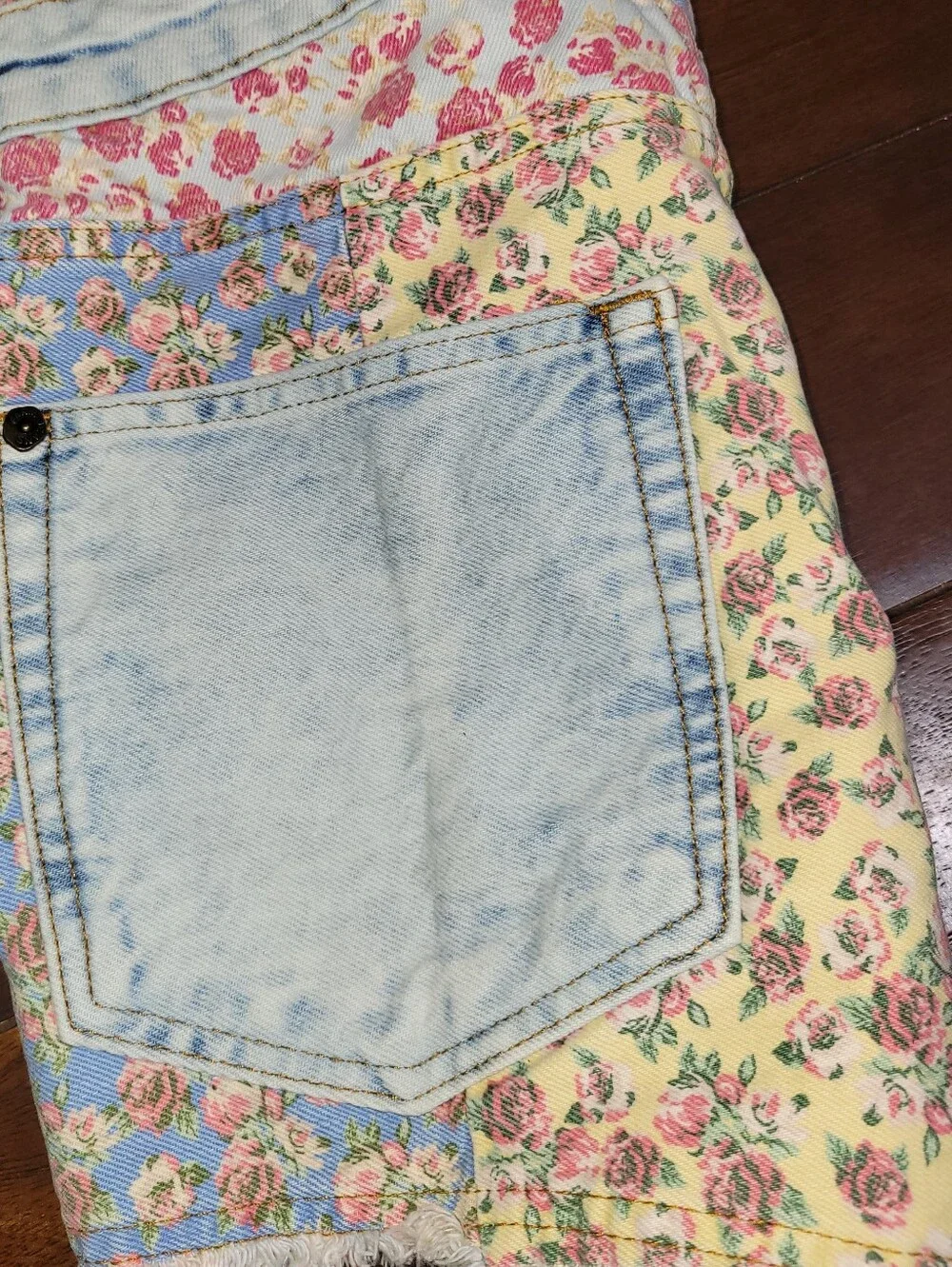 Anthropologie Patchwork Floral Denim Shorts - Blue, Yellow, Pink - Picture 6 of 6